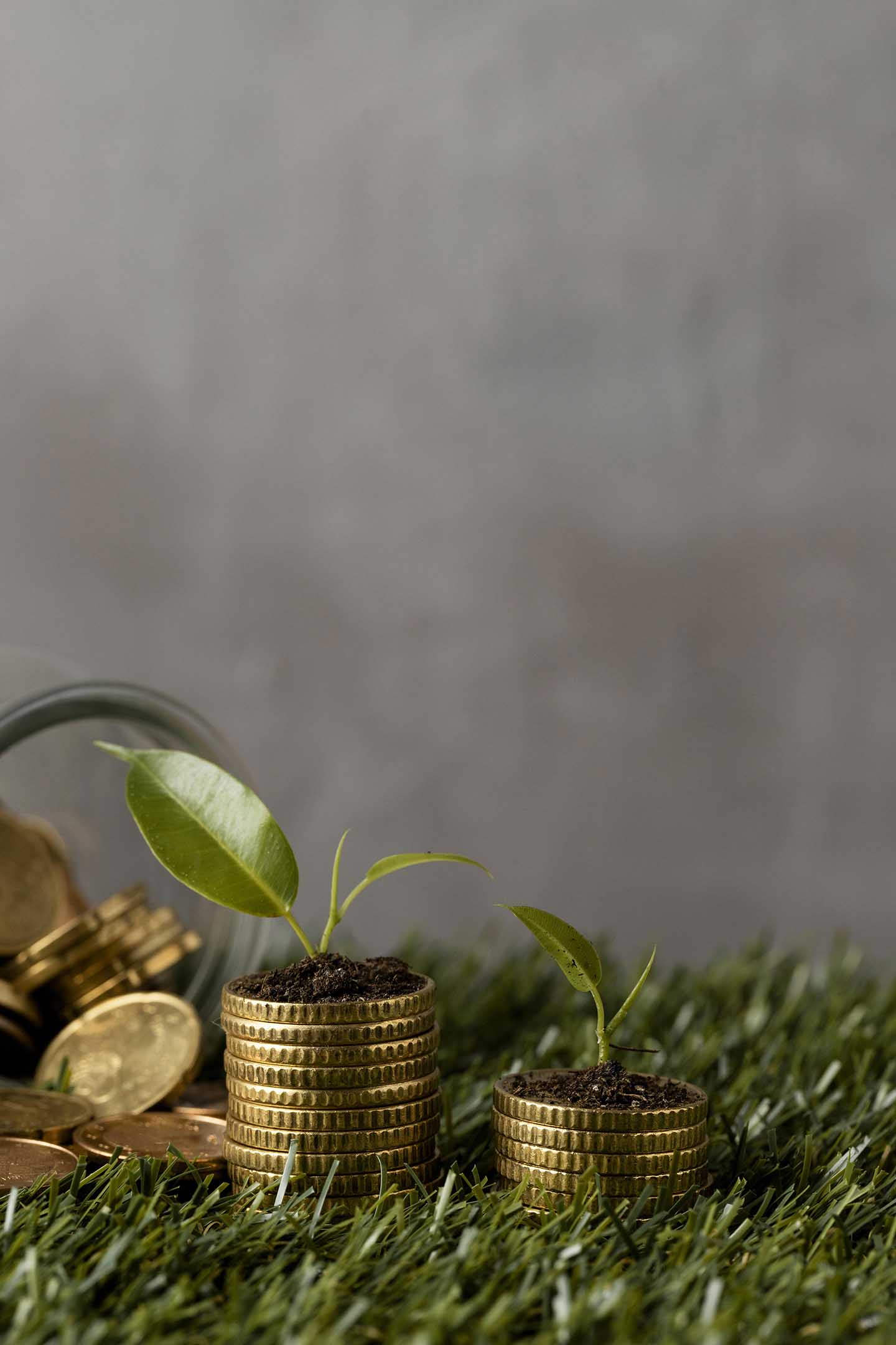 front-view-two-stacks-coins-grass-with-jar-copy-space